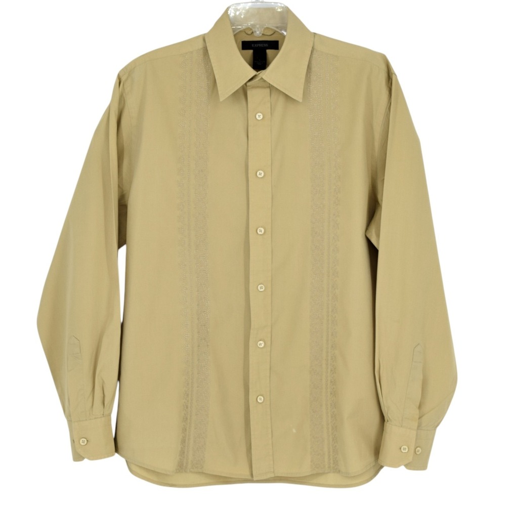 EXPRESS Mens Large Long Sleeve Tan Gold Embroidered Metallic Shimmer Sport Shirt